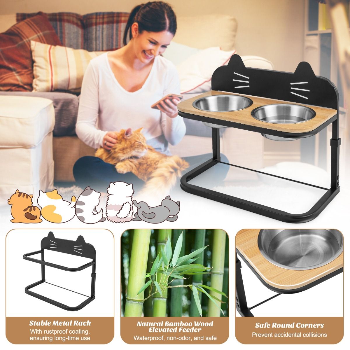 Station d'alimentation surélevée Coast pour chats et chiens - 43 x 22 x 33-38.5 cm - Noir et naturel - Hauteur réglable avec 2 bols en acier inoxydable
