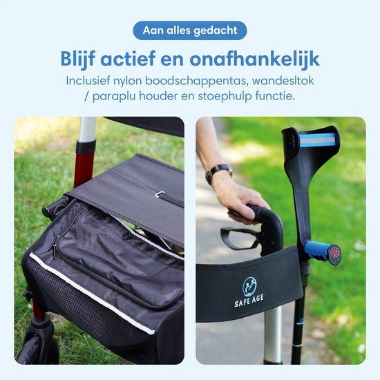 Safe Life® Rollator léger et pliable - fonction assise - pour l'intérieur et l'extérieur - dossier et support de canne - Rouge