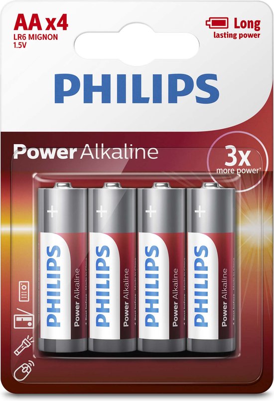 4x Philips Power Alkaline - AA Batteries - 4 pièces