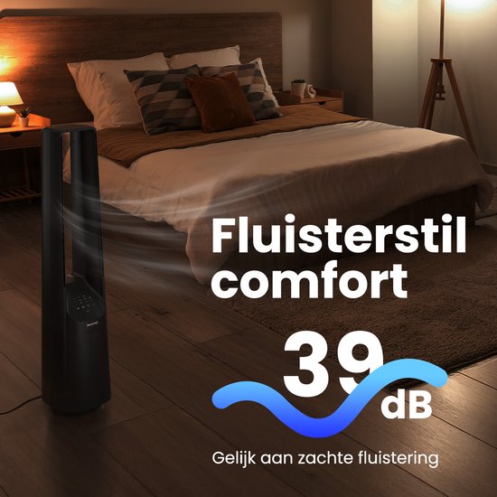 Ventilateur de tour Auronic - Modèle sans pales - Refroidisseur d'air - Ventilateur de sol - Ventilateur silencieux sur pied - 101 CM - 6 vitesses - Ventilateur - Avec minuterie - 39 dB - Gris