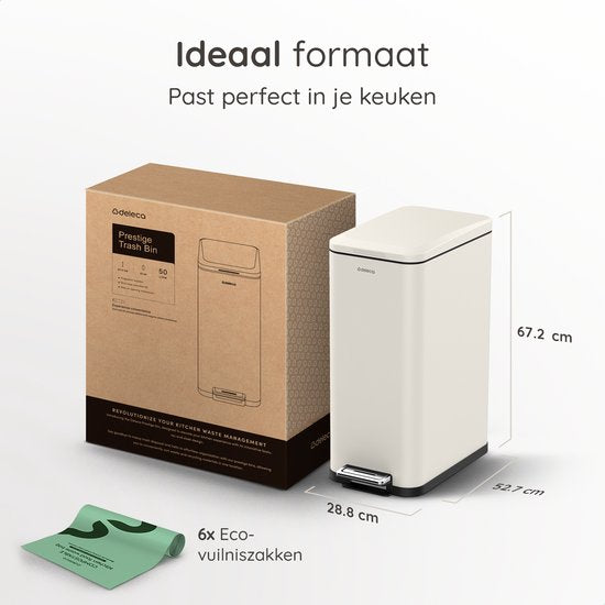 Deleca Poubelle Prestige - 50 Litres - Etroite - Acier inoxydable Poubelle / Corbeille à papier / Poubelle à pédale - Avec pédale et fermeture lente - Blanc crème