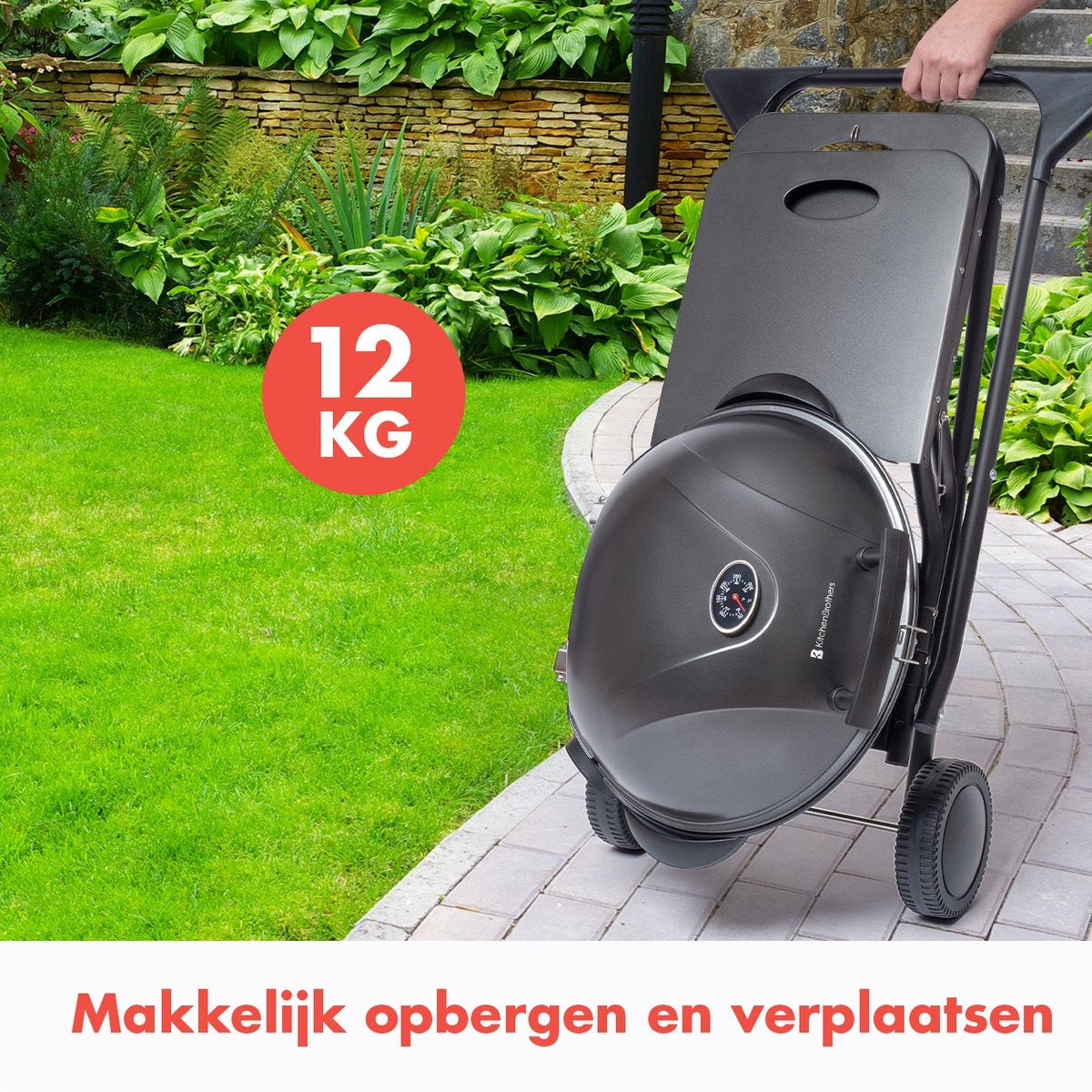 KitchenBrothers Barbecue électrique - avec roues - pliable - revêtement antiadhésif - 46,5 x 33,8cm - jusqu'à 250°C - 2400W - noir