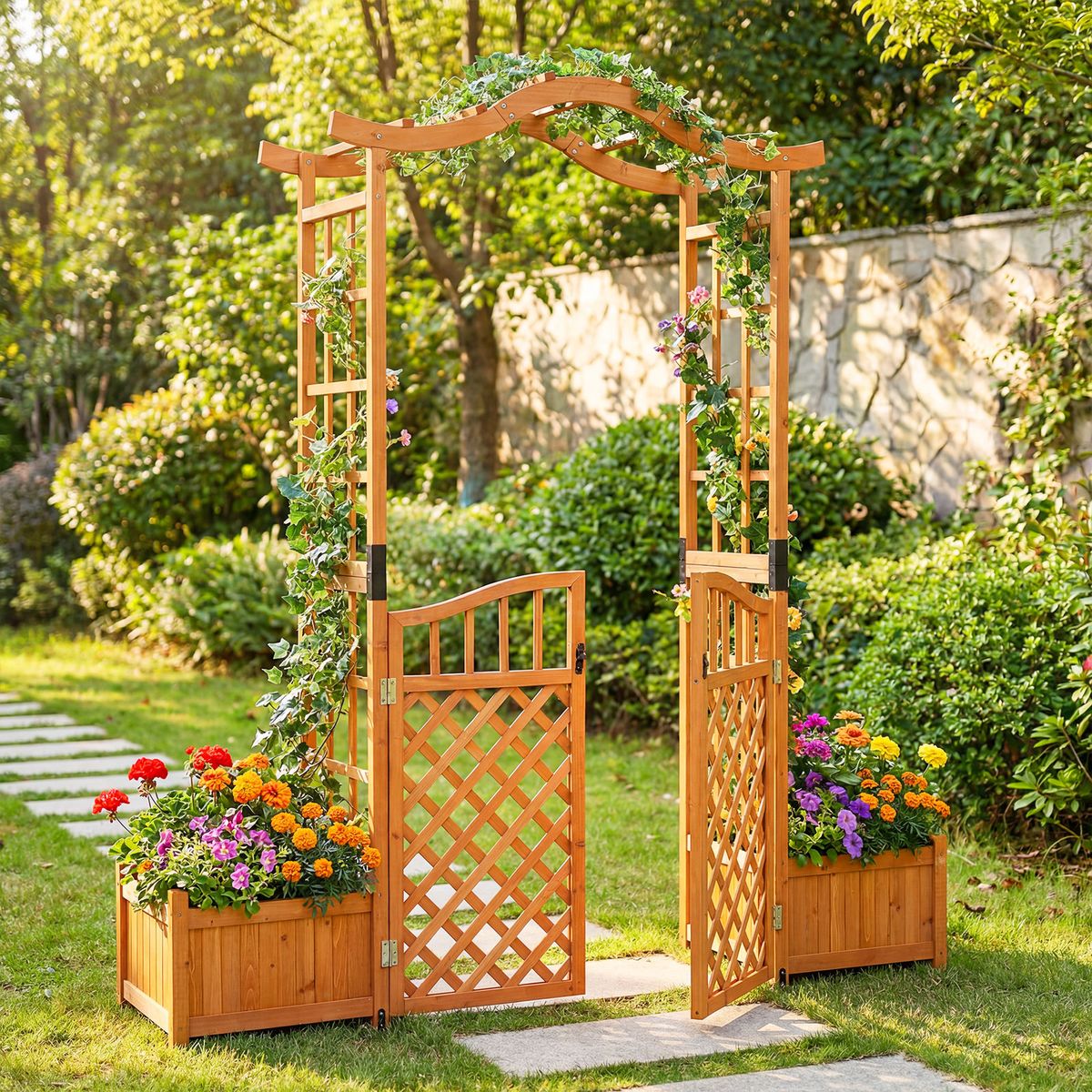 Arche Coast avec jardinières - arche de jardin avec treillis et portillon verrouillable - jaune - 185 x 18 x 210 cm