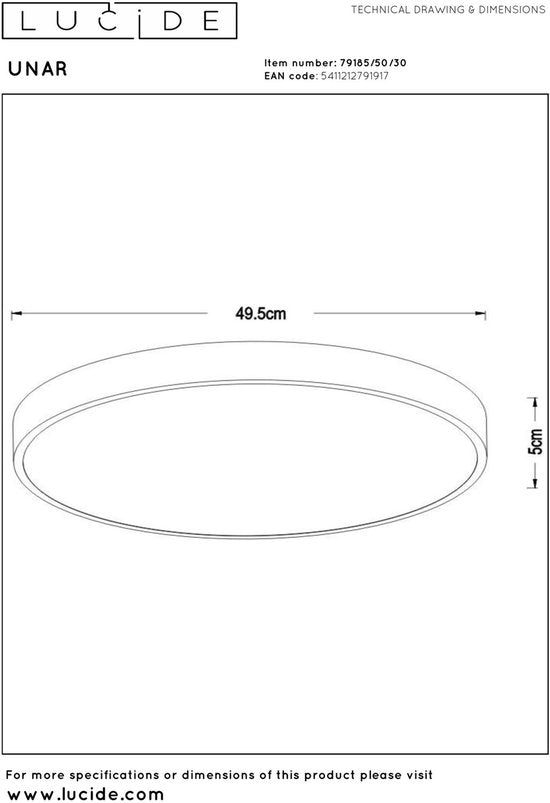 Lucide UNAR - Plafonnier - Ø 49,5 cm - LED 3 StepDim - 1x36 W 2700 K - Noir