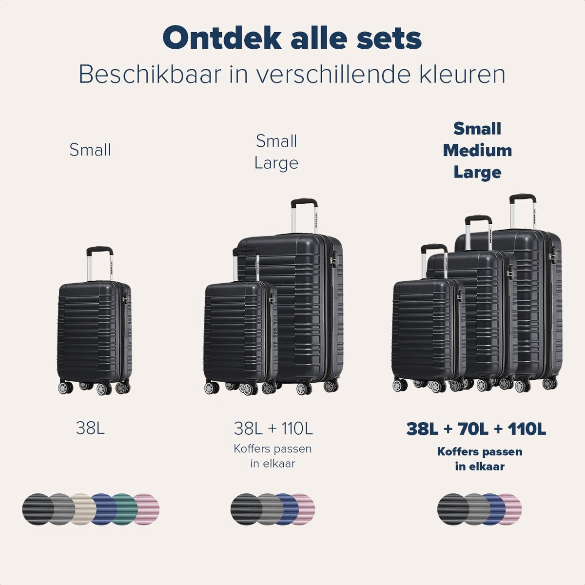 Set de valises -TRVLMORE - 3 pièces - 38L (bagage à main) + 70L + 110L - Noir