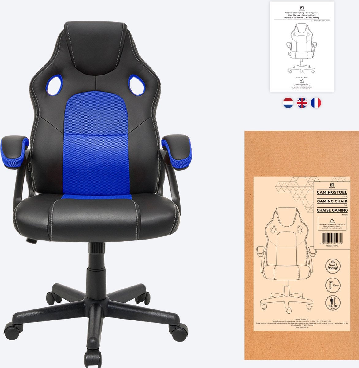 LifeGoods Chaise de jeu - Réglable - Chaise de jeu - Cuir synthétique - Bleu/Noir