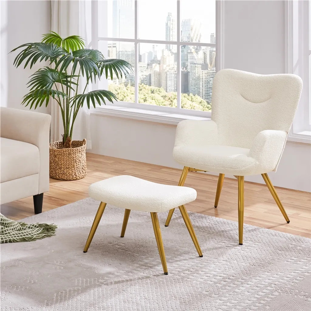 Fauteuil Yaheetech avec repose-pieds, bouclé, blanc/crème