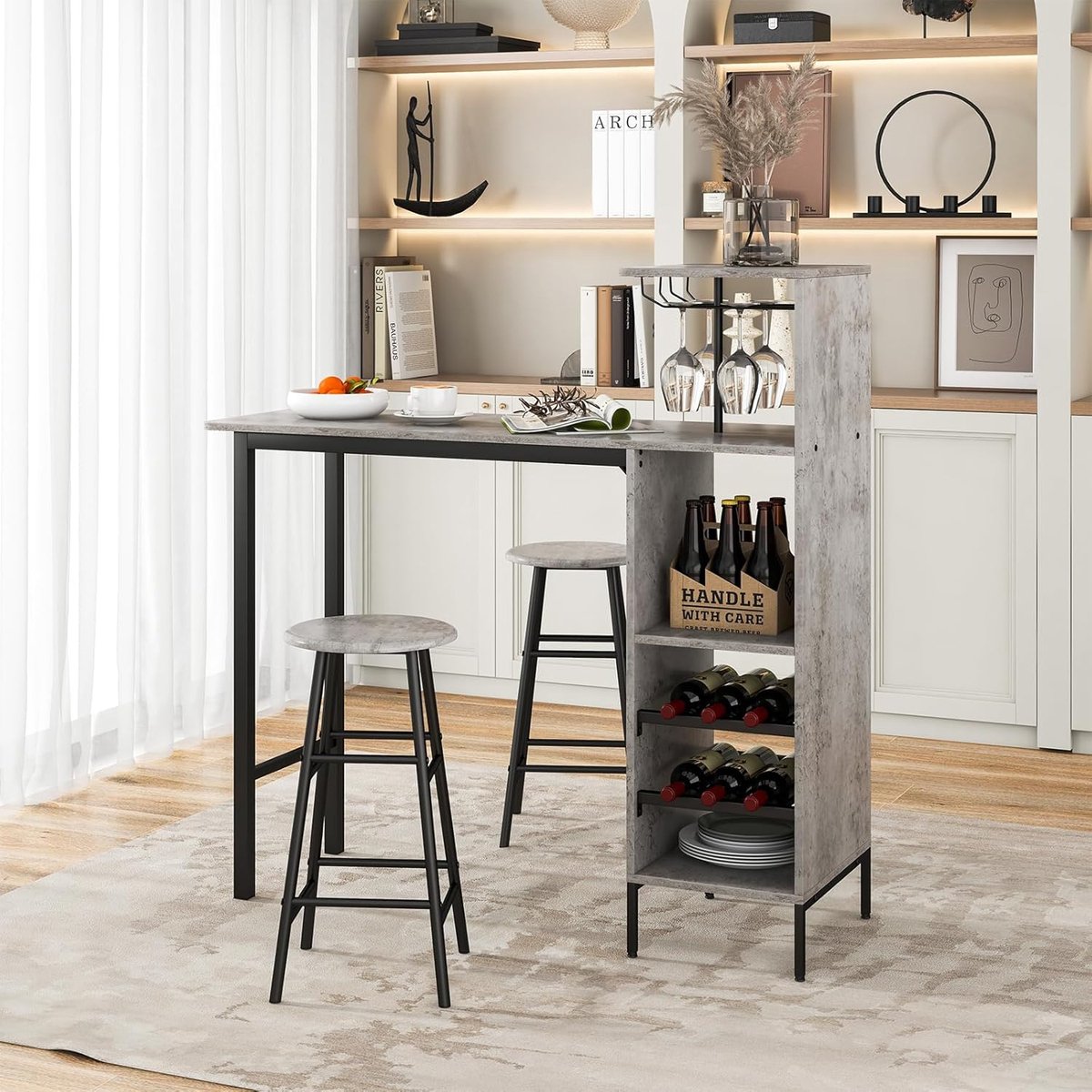 Table de bar industrielle pour 2 personnes avec porte-verres et porte-bouteilles - Idéal pour la cuisine, la salle à manger ou le salon