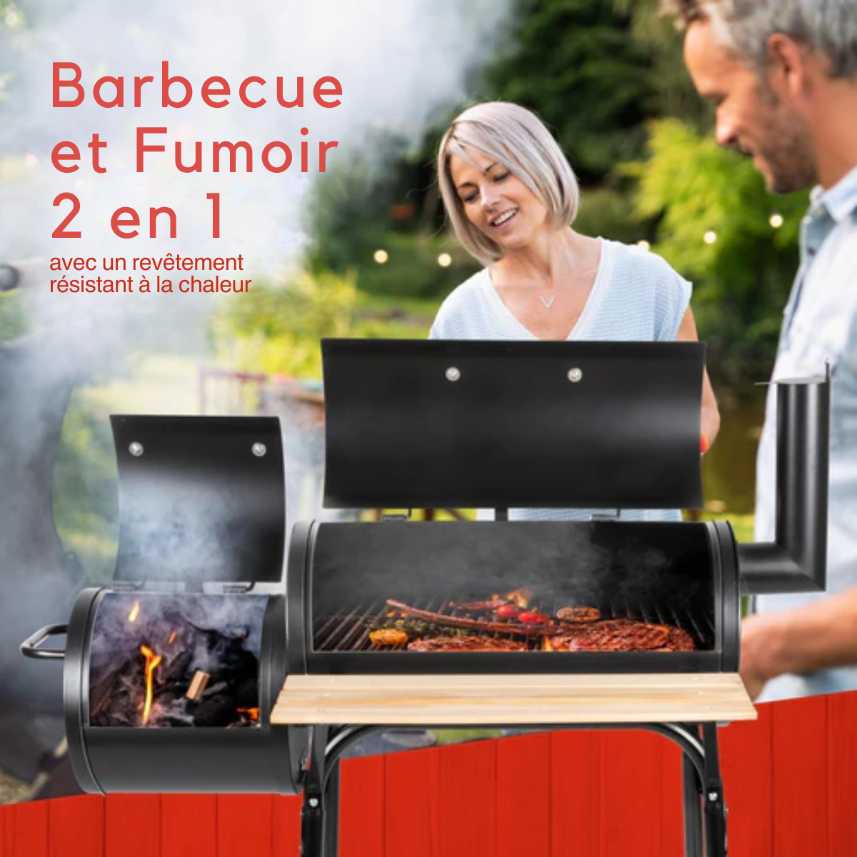Barbecue au charbon - BBQ Collection – 2 en 1 - Cuisine extérieure - Grill et Barbecue Fumoir - 104 x 58 x 114 cm - Noir