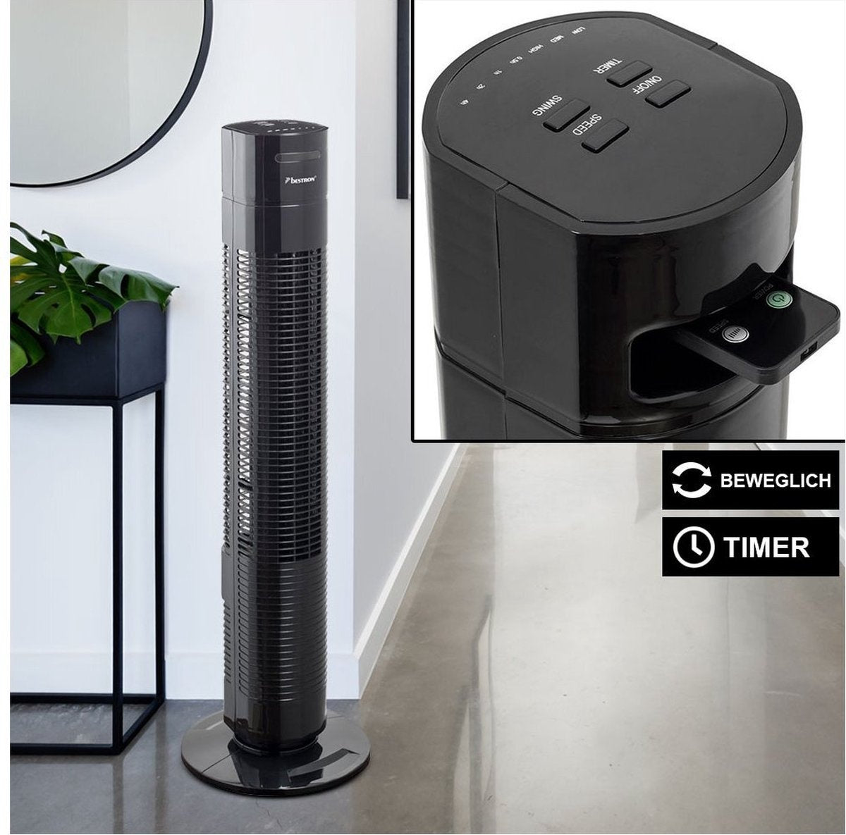 Bestron Torenventilator met aftstandsbediening, Ventilator met 3 snelheidsstanden & 75° graden draaifunctie, incl. Timer, hoogte: 78 cm, 35W, AFT770ZRC, kleur: zwart