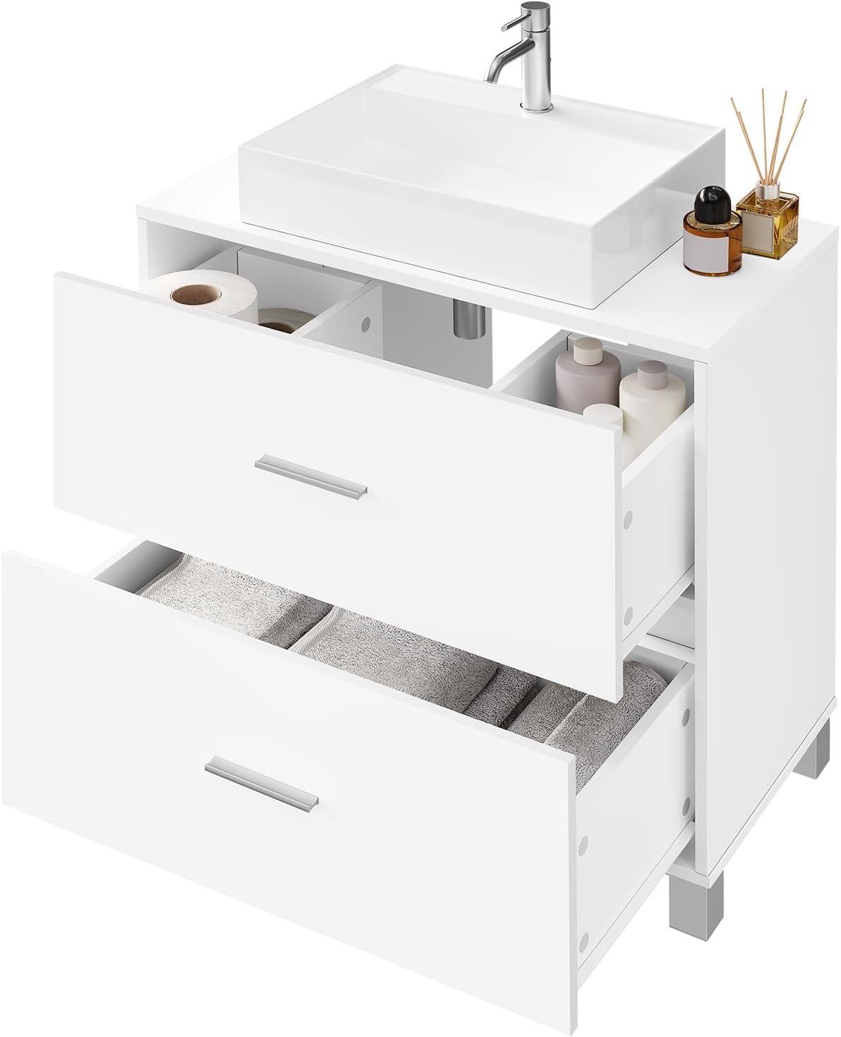 Meuble sous-lavabo eSituro à 2 tiroirs - Meuble de salle de bains avec emplacement pour siphon - Blanc - 60 x 30 x 60 cm