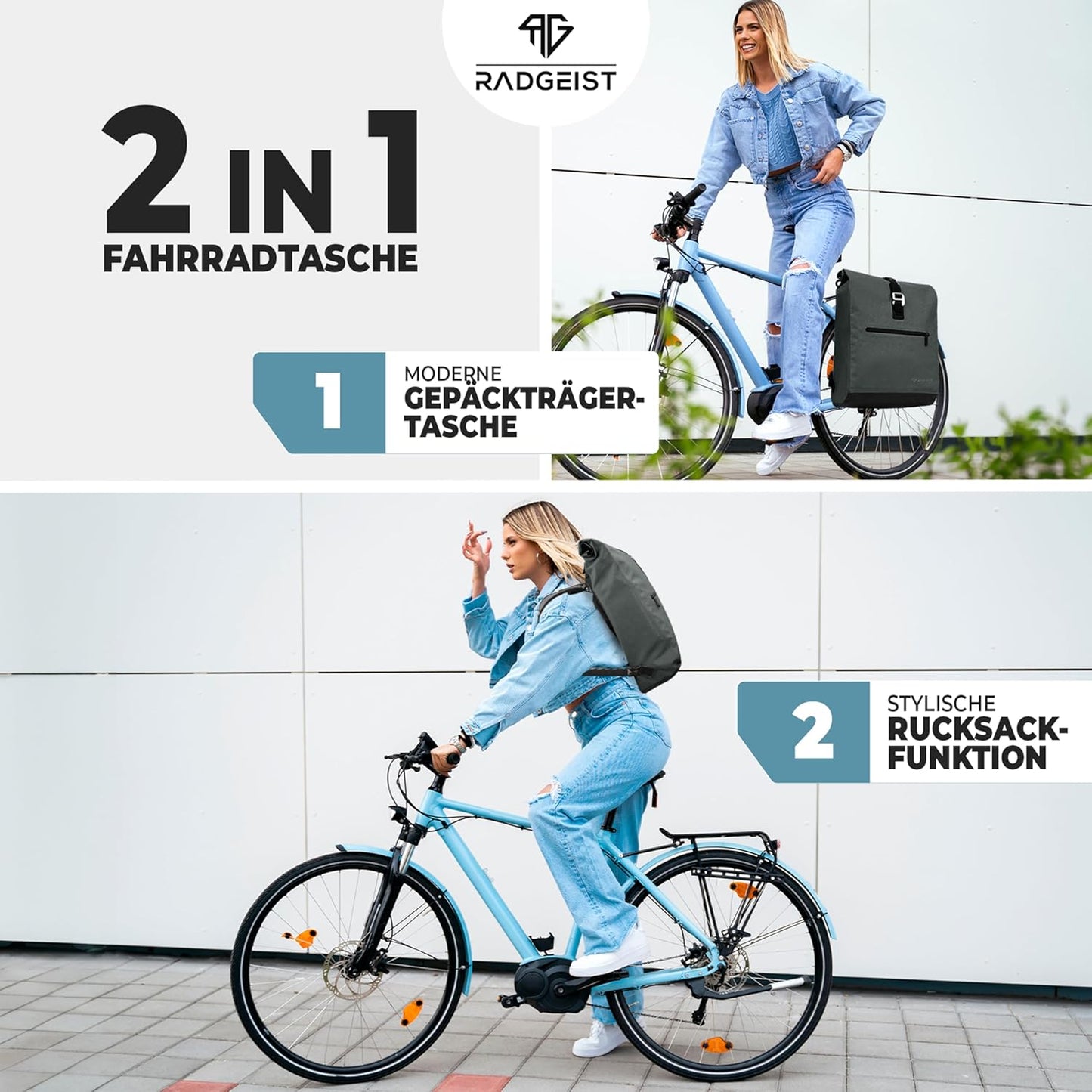 RADGEIST sac à vélo pour porte-bagages I sac à vélo et sac à dos I sac à vélo pour femmes et hommes I sac à bandoulière et sac à vélo 20L anthracite