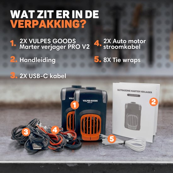 Vulpes Goods® Deterrent - Dissuasion de la martre - Dissuasion de la martre de pierre - Combattant de la martre - Intérieur et extérieur - Fréquences automatiques et lampes flash - USB et batterie de voiture - Martres, souris et rats - PRO V2 - 2 pièces