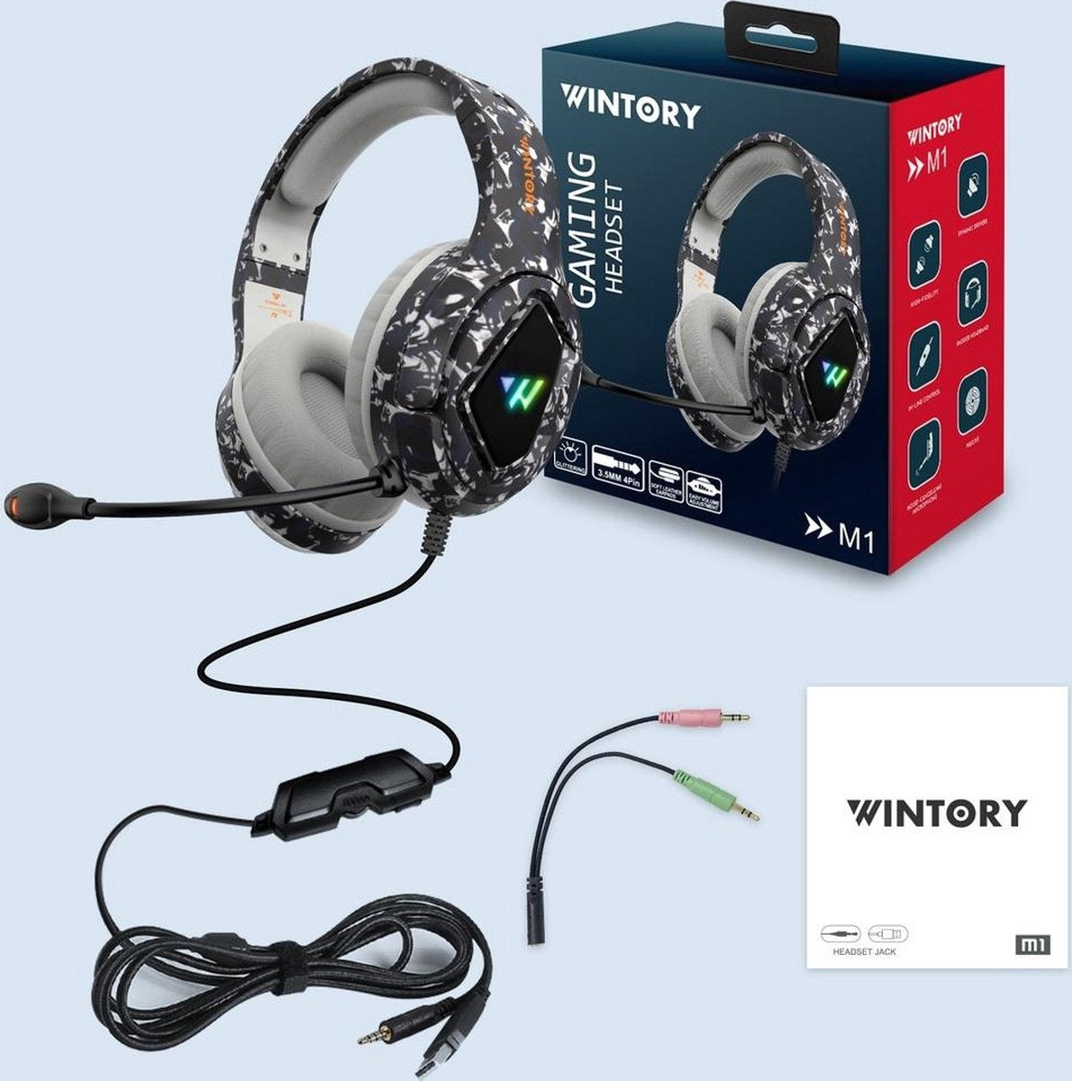 WINTORY M1 RGB light gaming headset met stereo microfoon voor PS4/PS5-laptops-Xbox One - Camouflage Zwart