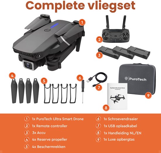 PuroTech Quad Drone 4K Camera - Sac de transport inclus - 3 batteries - 36 minutes de vol - Aucune licence de vol requise - Mini Drone - Adultes / Enfants - Intérieur et extérieur