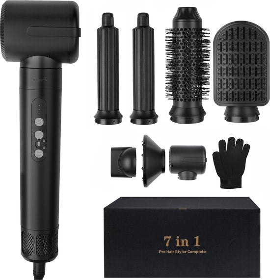 Saaf Brosse à cheveux 7 en 1 - Ensemble de 8 pièces - Sèche-cheveux - Brosse à coiffer et à boucler - Hairwrap - Airstyler - Multistyler - Noir