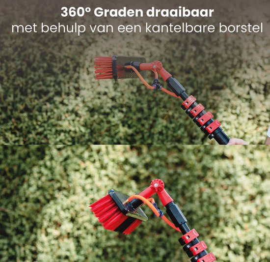 Brosse à laver télescopique Shine / Brosse à eau extensible XXL jusqu'à 7 mètres - Manche télescopique 5 pièces avec distributeur de savon - Ergonomique - Rouge/Noir
