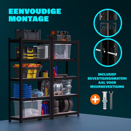 Rack de stockage en métal - 5 étagères en MDF incluses - 180x90x40 cm Noir