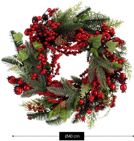 Mica Decorations Norah Décorations de Noël - Couronne de Noël avec pommes de pin et baies rouges - Couronne de porte pour le hall d'entrée, la porte d'entrée ou la fenêtre - Décoration de Noël classique - H 11 x Ø 40 cm - Rouge