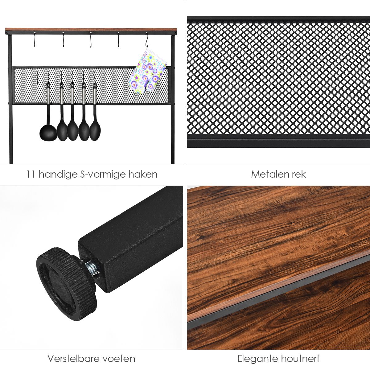 Coast 4-Layer Bakers Rack - 11 Hooks - 84 x 40 x 171 cm - Brown/Black