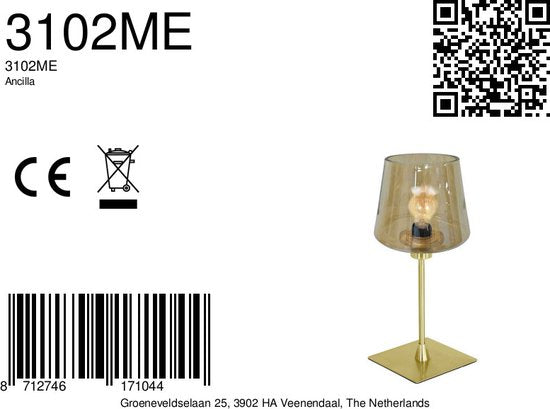 Lampe de table Ancilla 3102ME, style classique, laiton, douille E14, allumage/extinction par effleurement, avec verre et métal, pour l'intérieur - Steinhauer