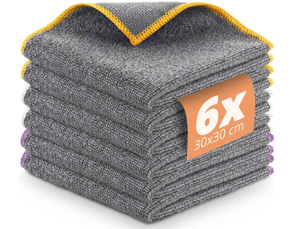 Lot de chiffons multifonctions en microfibre LAVANDOLA – 6 chiffons non pelucheux et absorbants – Pour la cuisine, la salle de bains et les présentoirs – Microfibre grise – 30 x 30 cm