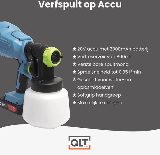 QLT Pulvérisateur de peinture à batterie pour peintures, laques et teintures à base d'eau et de solvants - Aérographe avec buse réglable - Pistolet à peinture - 800ML