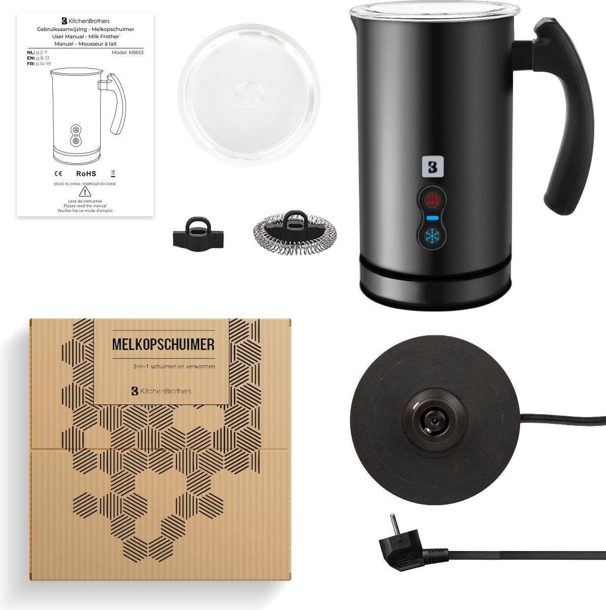KitchenBrothers Mousseur à lait électrique - Pour Cappuccino et Latte -3 en 1 : mousse chaude ou froide, chauffage - 240 ML - Noir
