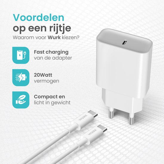 Wurk Fast Charger Suitable for Apple iPhone, iPad & Airpods - 20W Charger - 1 Meter USB C to Lightning Cable - Charger Suitable for 14/13/12/11/Xr/Xs/Xs Max/8/8 Plus/ Pro