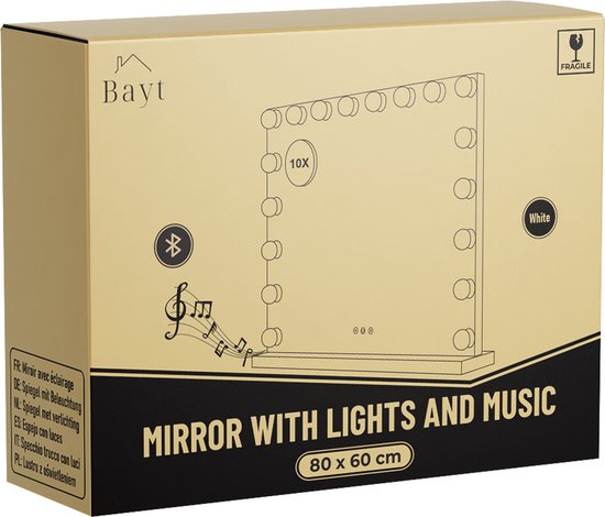 Miroir Bayt Hollywood - Miroir de maquillage - Miroir - Miroir Hollywood 80 x 60 - Intensité réglable - Grossissement 10x - Avec éclairage et Bluetooth - Port USB - 80 x 60 - Blanc