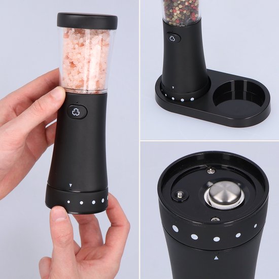 Deleca Moulin à poivre et à sel électrique Gustaro - Capacité de stockage de 130 ml - Moulin à poivre et à sel de luxe - Mouture réglable - Rechargeable par USB / Noir