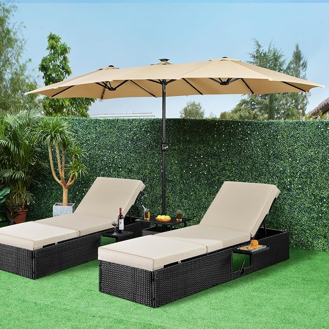 Parasol double Yaheetech 15 pieds avec éclairage LED solaire et pied - Beige - Parasol de jardin extra-large avec sacs de sable