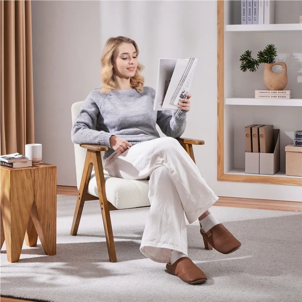 Yaheetech Armchair White - Chaise longue bouclée avec accoudoirs et pieds en bois - 60,5 x 68,5 x 73 cm
