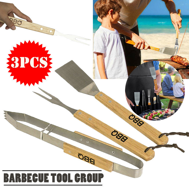 Set d'outils BBQ/barbecue 3 pièces avec manches en bois - Pince - Fourchette - Spatule