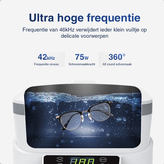 Samako Ultrasonic Cleaner PowerWave - Appareil de nettoyage - Bain à ultrasons - Lunettes - Bijoux - Montres - Brosse à maquillage - 1200 ml