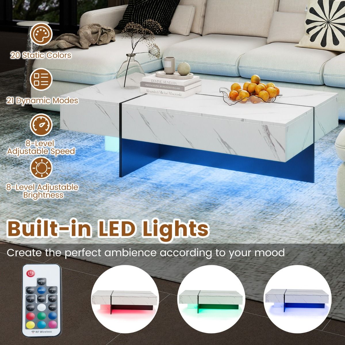 Table basse Coast avec éclairage LED - 3 tiroirs de rangement - finition brillante - blanche - 120 x 70 x 35 cm