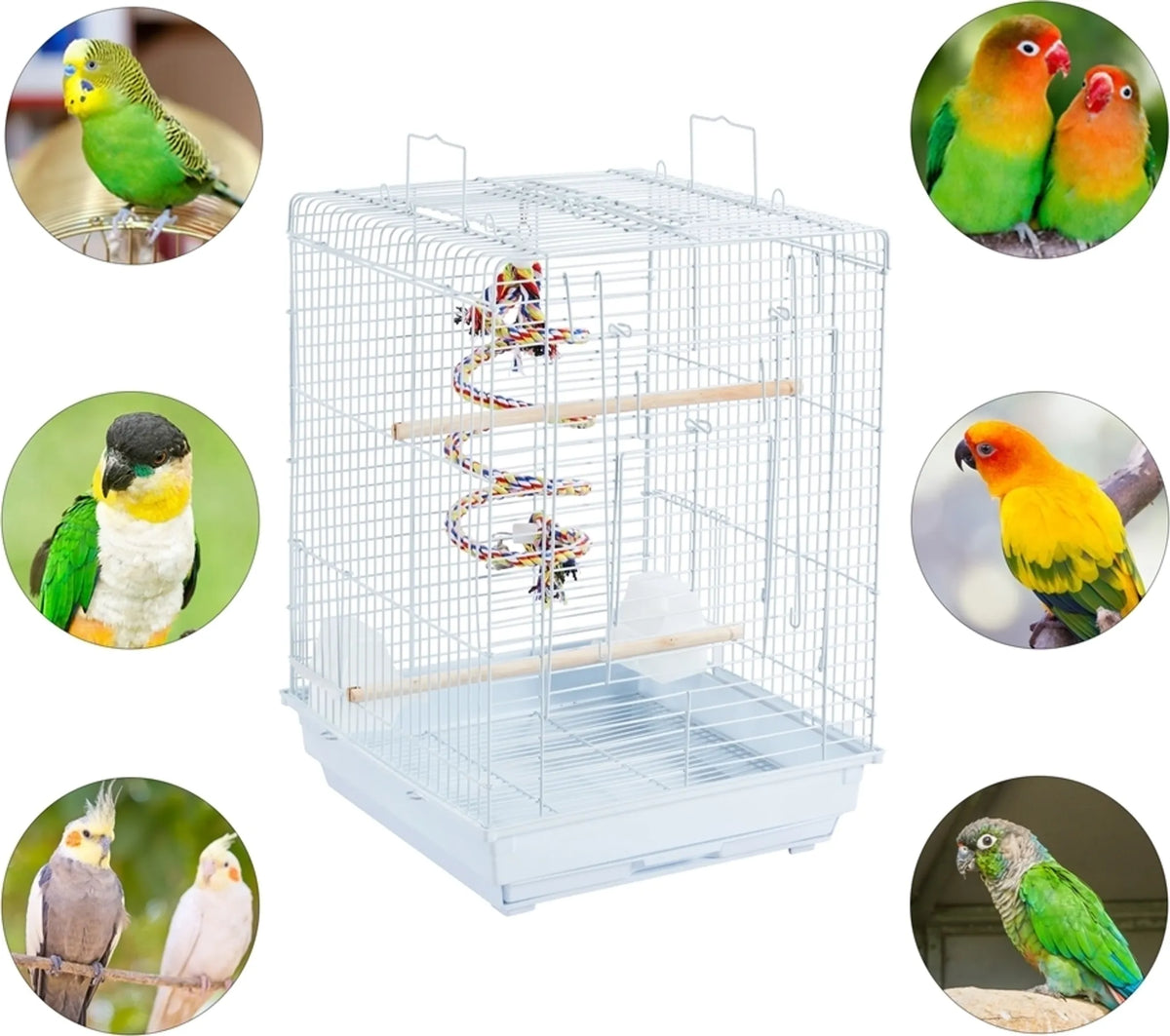 Yaheetech Cage à oiseaux avec jouets - 40 x 40 x 58 cm - équipée d'une ouverture supplémentaire en haut et d'un plateau coulissant et de 4 perchoirs en bois - pour perruches et canaris - métal noir et bois