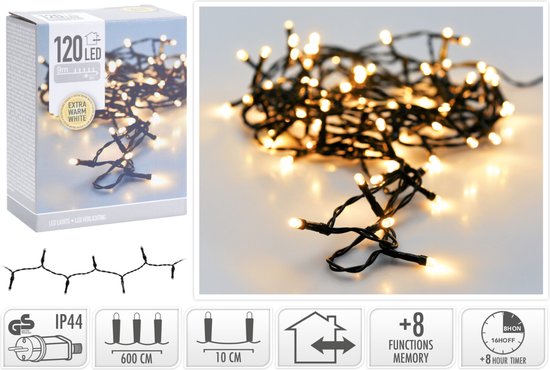Lumière de Noël 120 led- 9m - extra warm white - Minuterie - Fonctions d'éclairage - Mémoire - Extérieur - Intérieur