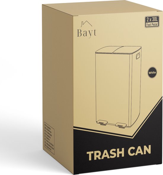 Bayt Poubelle - Poubelle 60 litres (2x30) - Poubelle 60 litres - Poubelle à pédale 60 litres - Poubelle Séparation des déchets - Poubelle 2 compartiments - Poubelle - inox - Blanc
