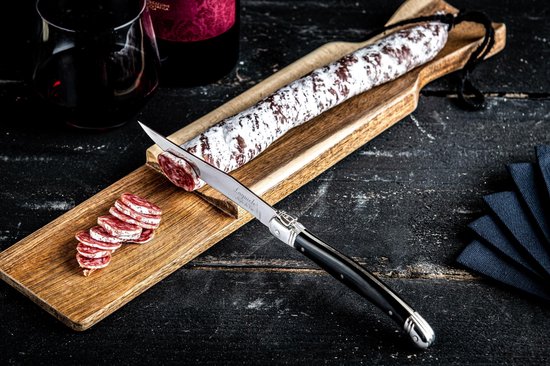 Laguiole Style de Vie Planche à saucisses avec couteau à steak Premium Line - Bois d'acacia - Noir