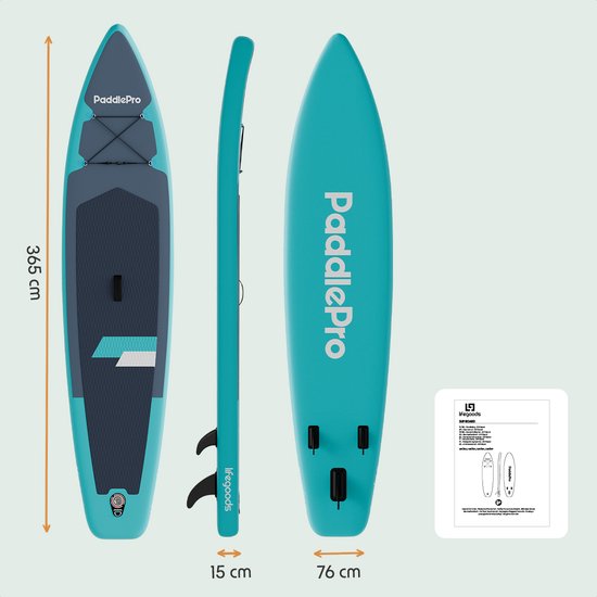 LifeGoods SUP Board Touring - 165 KG de capacité de charge - 365 x 76 cm - gonflable - avec siège - paquet Sup complet - Turquoise