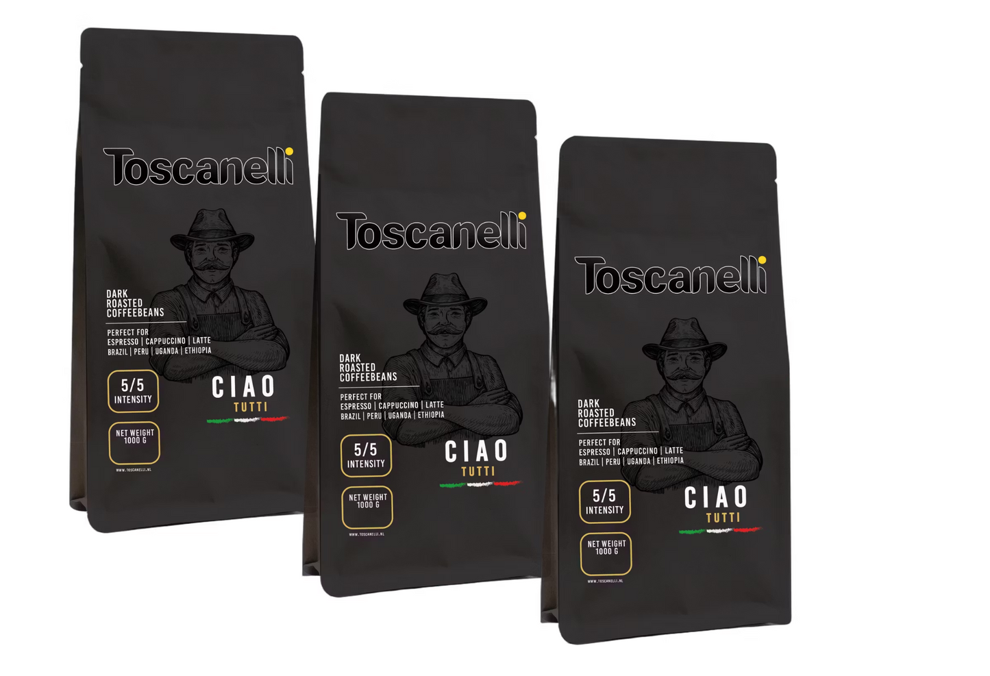 Toscanelli Ciao Tutti Blend – Grains de café | Torréfaction foncée | 3 × 1 kg