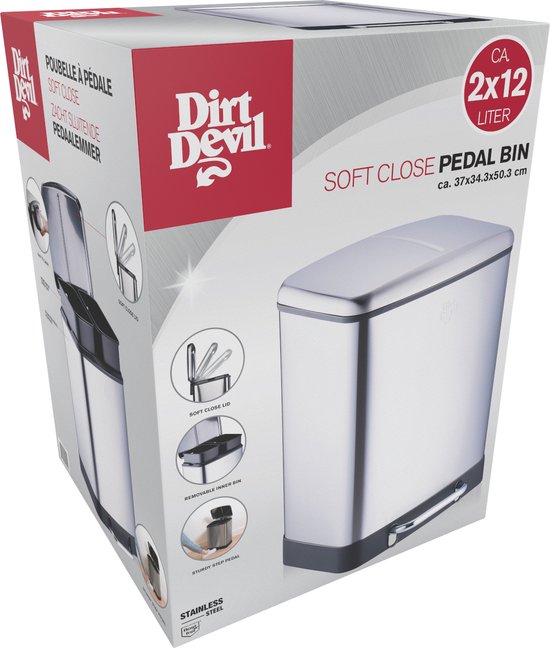 Dirt Devil Poubelle à pédale 12 litres - Poubelle salle de bain - Inox - Argent