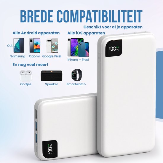 Strex Powerbank White - 27 000 mAh - Chargeur rapide 22,5 W - USB-A/USB-C - Indication LED - Powerbank universel adapté à iOS/Android, entre autres
