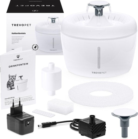 TrevoPet® Fontaine à boire pour chat - Fontaine à eau pour chat - Fontaine pour chat - Whisper Silent - Fontaine à boire - Abreuvoir pour chat - 2,5 litres - Filtre inclus - Blanc