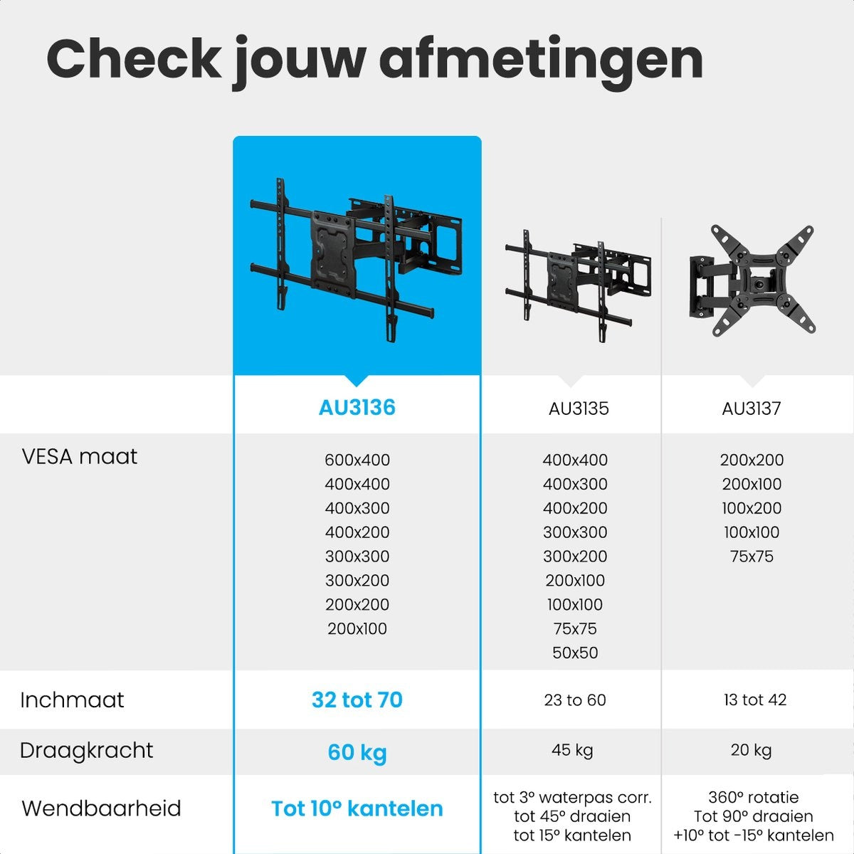 Support mural pour écran - Auronic - Support TV - Rotatif et inclinable - 37 à 70 pouces - jusqu'à 60 KG - Noir