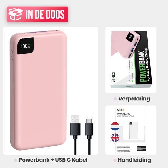 Strex Powerbank Pink - 27 000 mAh - Charge rapide 22,5 W - USB-A/USB-C - Indication LED - Powerbank universel adapté à iOS/Android, entre autres