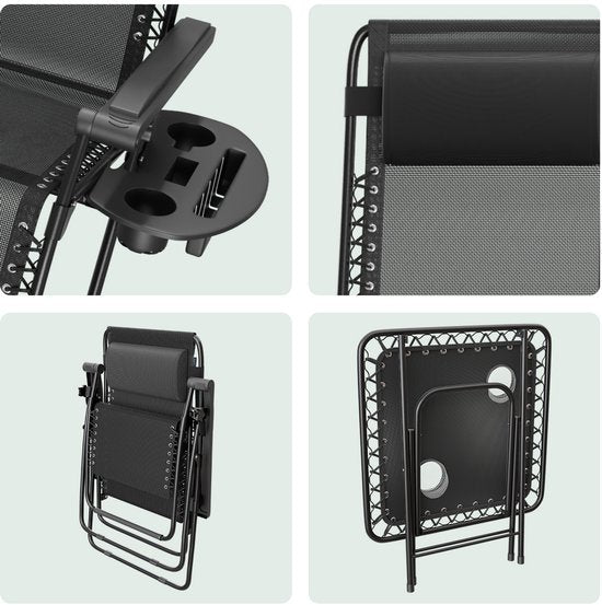 LifeGoods Chaises longues - Pliable - Ensemble complet - Avec table d'appoint - 30°-90° réglable - Chaises de jardin - Métal - Noir