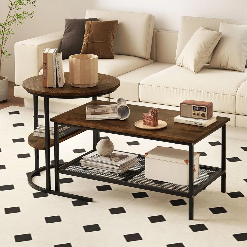 Coast Coffee Table Set of 2 - Table d'appoint ovale et ronde avec structure en métal - Brown