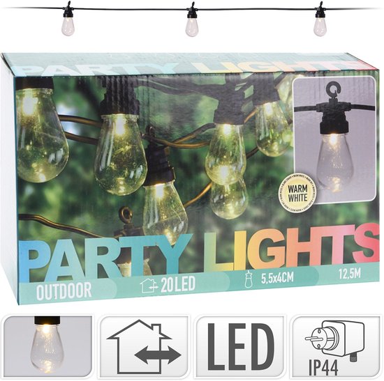 Guirlande lumineuse LED PartyLight - 20 ampoules - 12,5 m - Lumière blanche chaude